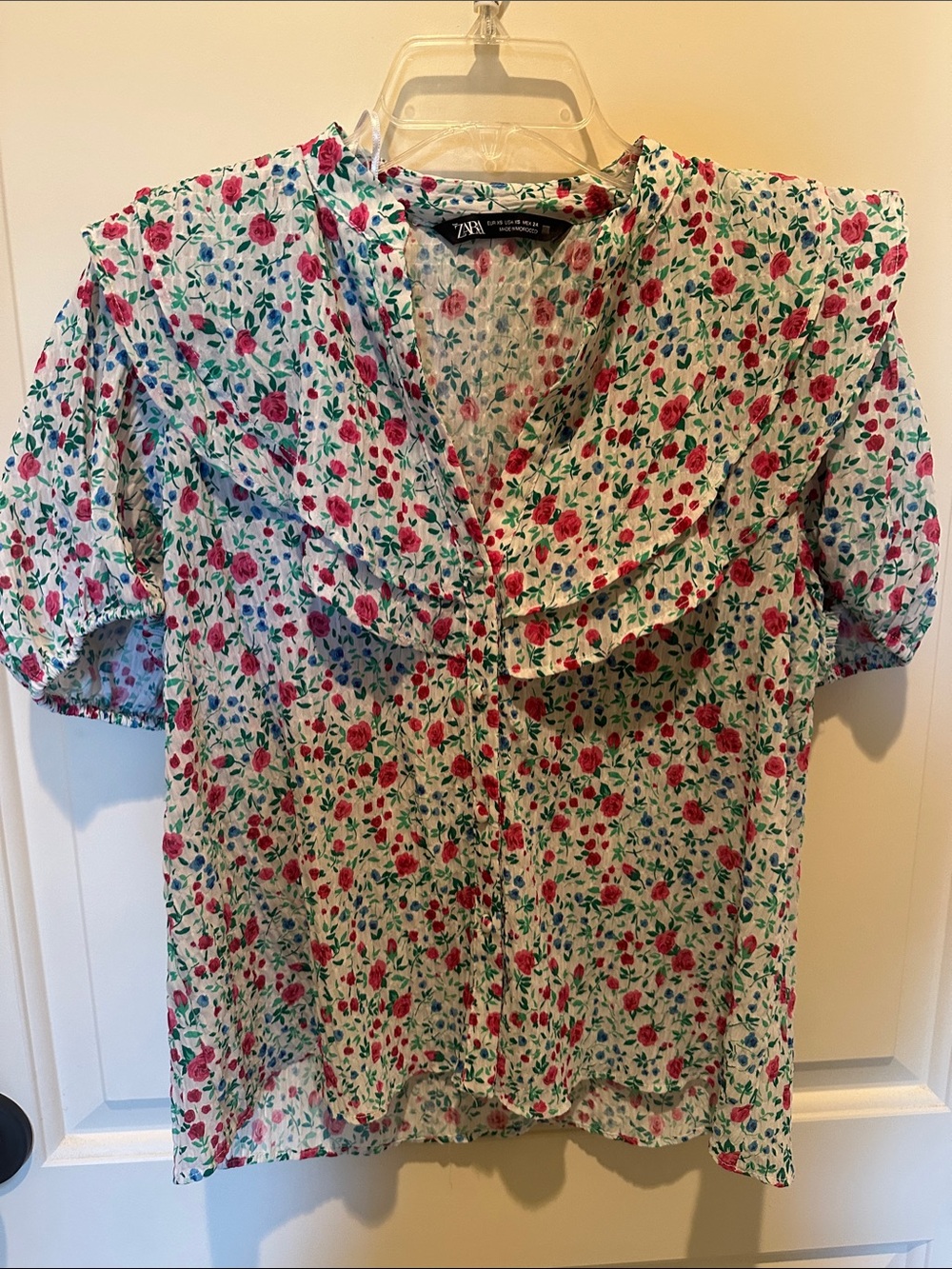 Zara White Blouse with Pink & Green Floral Print and Ruffled Collar
